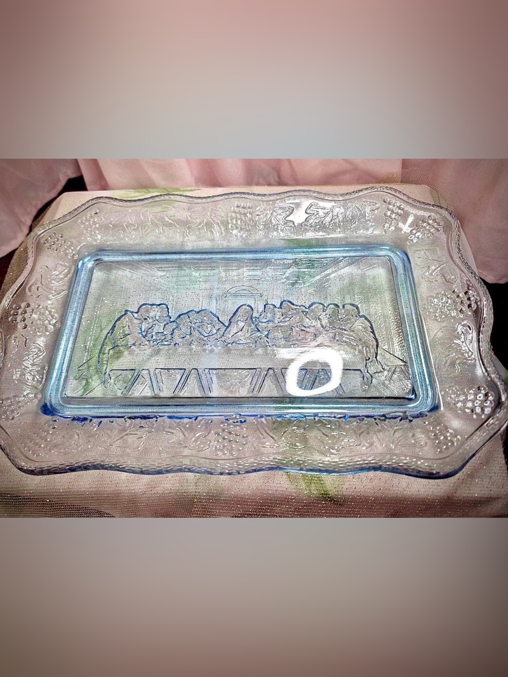 Last Supper Bread Plate - Vintage Blue Glass Tiara Exclusive by Indiana Gl 11x7”